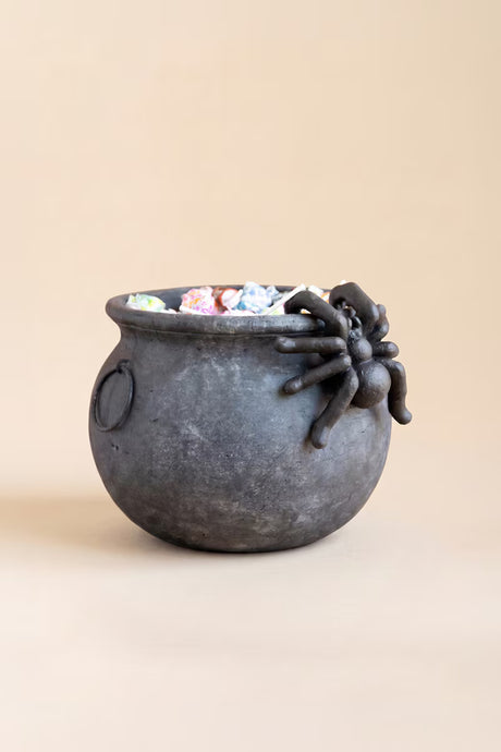 Black Terracotta Halloween Candy Cauldron with Spider
