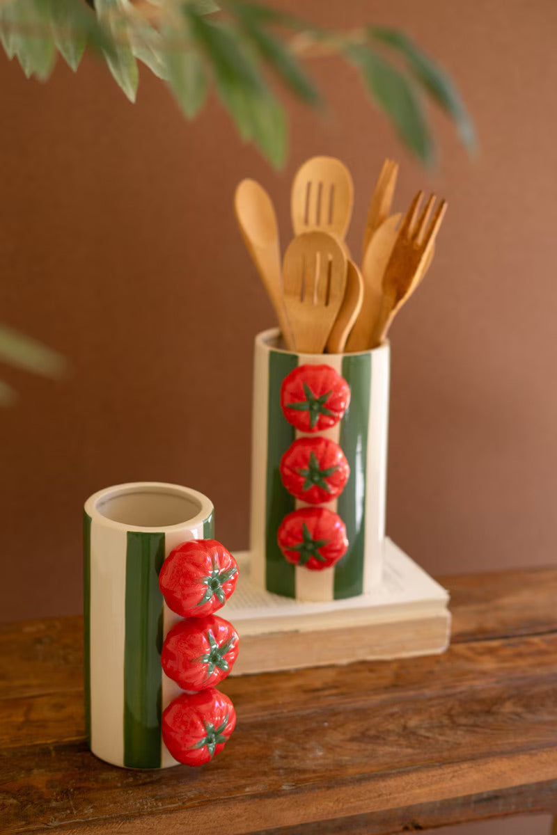 Tomato Accent Green Stripe Ceramic Vase
