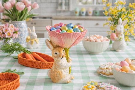 Hand Painted Ceramic Bunny Flower Candy Bowl
