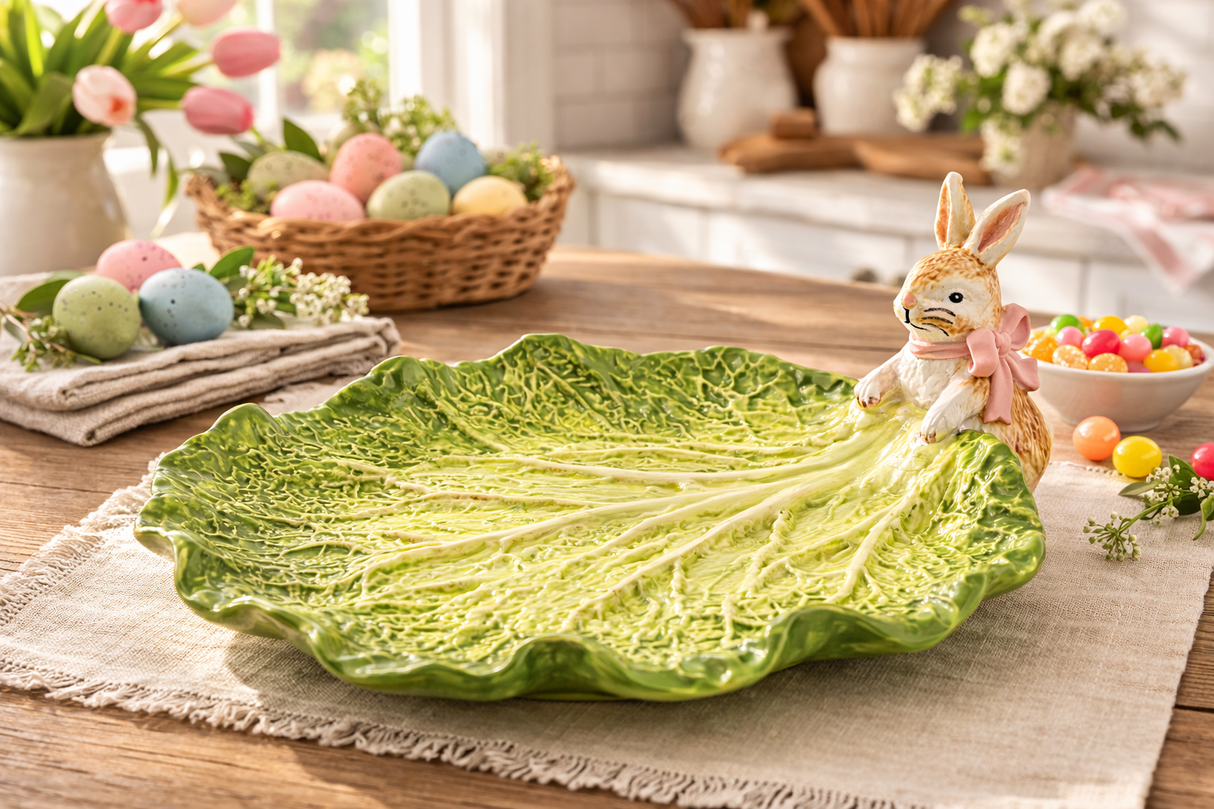 Hand Painted Bunny Cabbage Ceramic Serving Platter