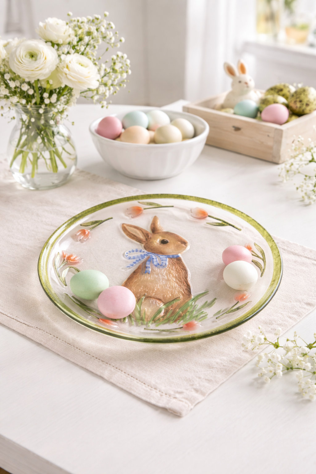 Hand Painted Easter Bunny Glass Serving Platter