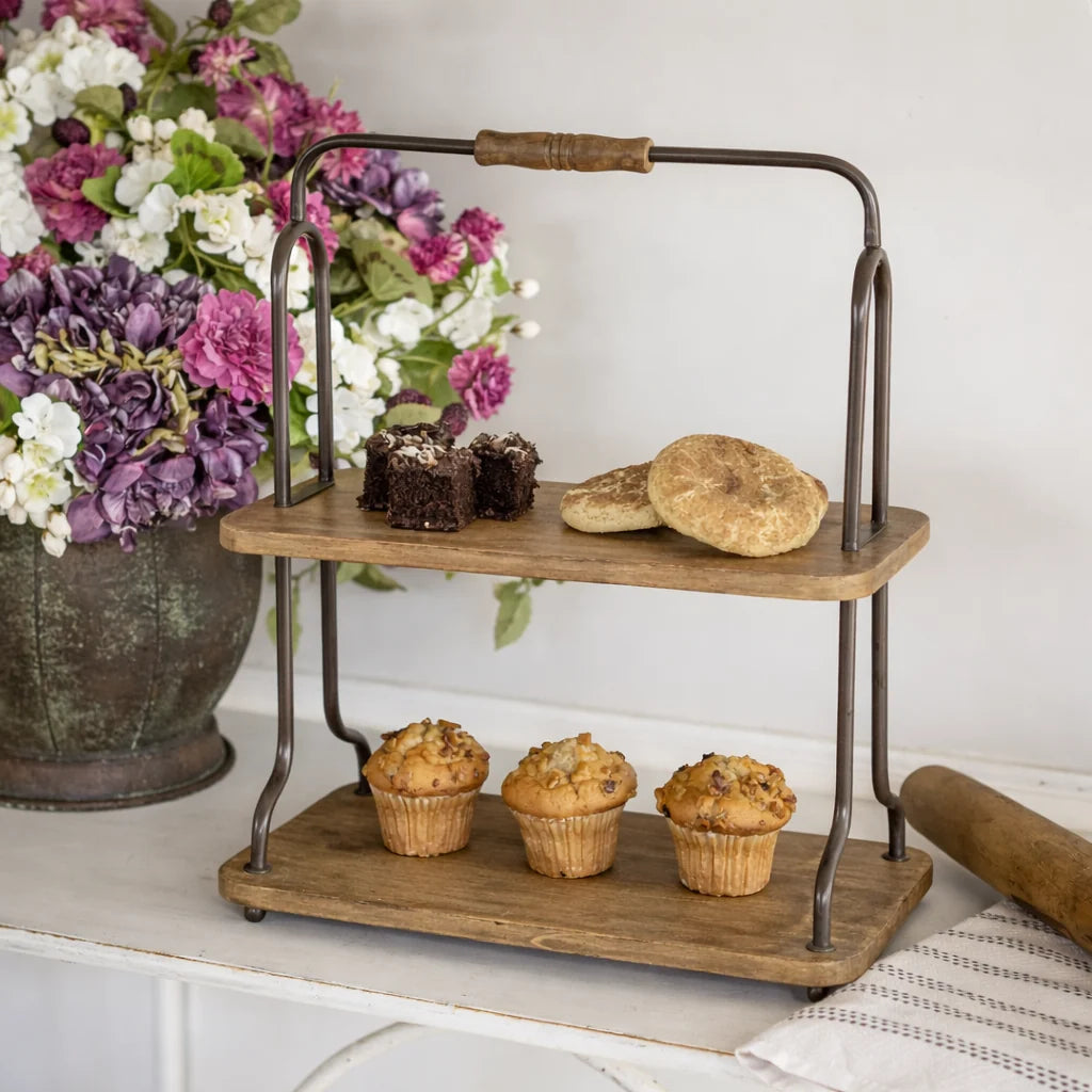 Two-Tier Wood & Metal Tabletop Display Shelf