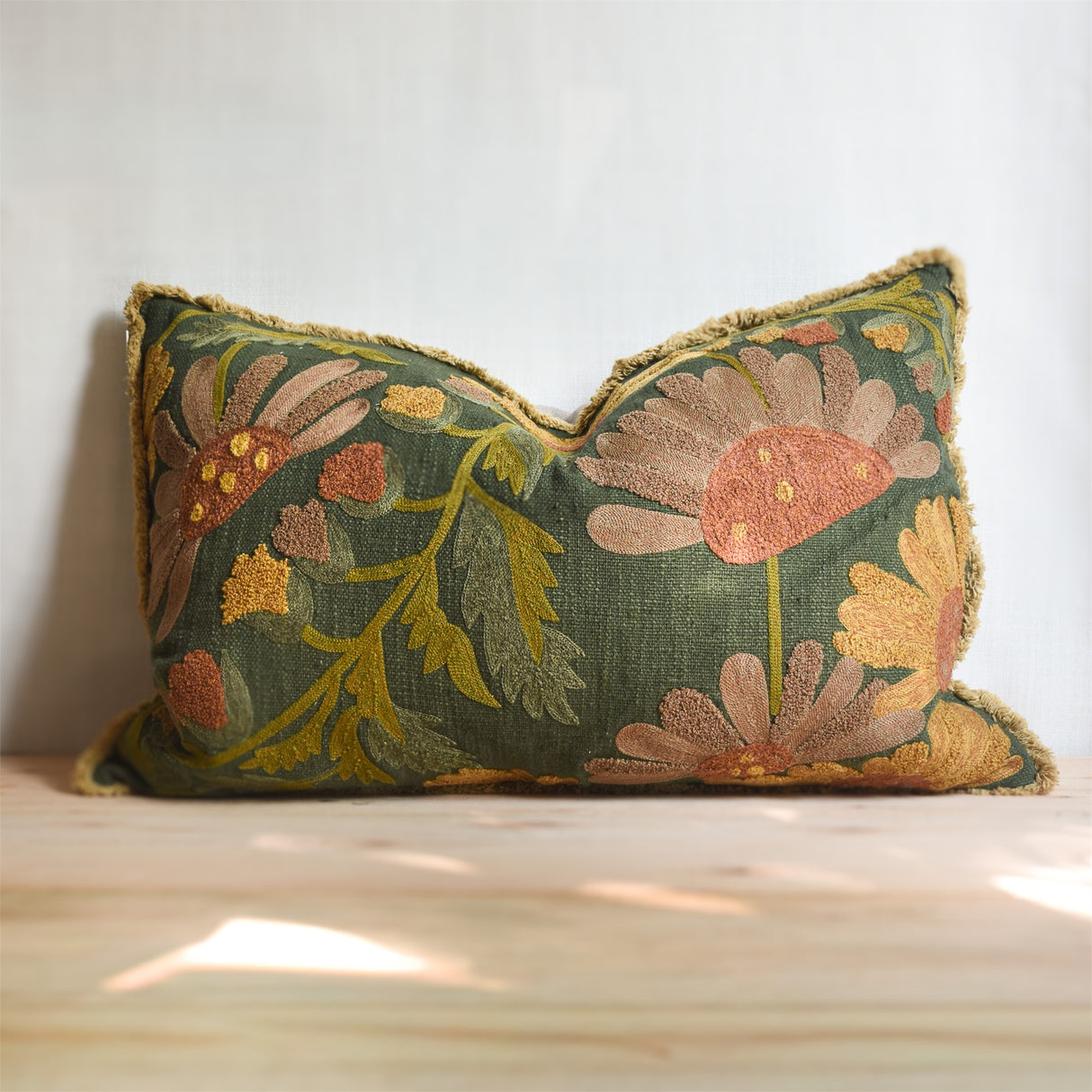 Embroidered Autumn Floral Cotton Slub Pillow with Fringe