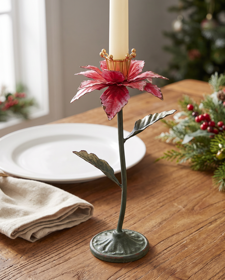 Metal Poinsettia Taper Candle Holder
