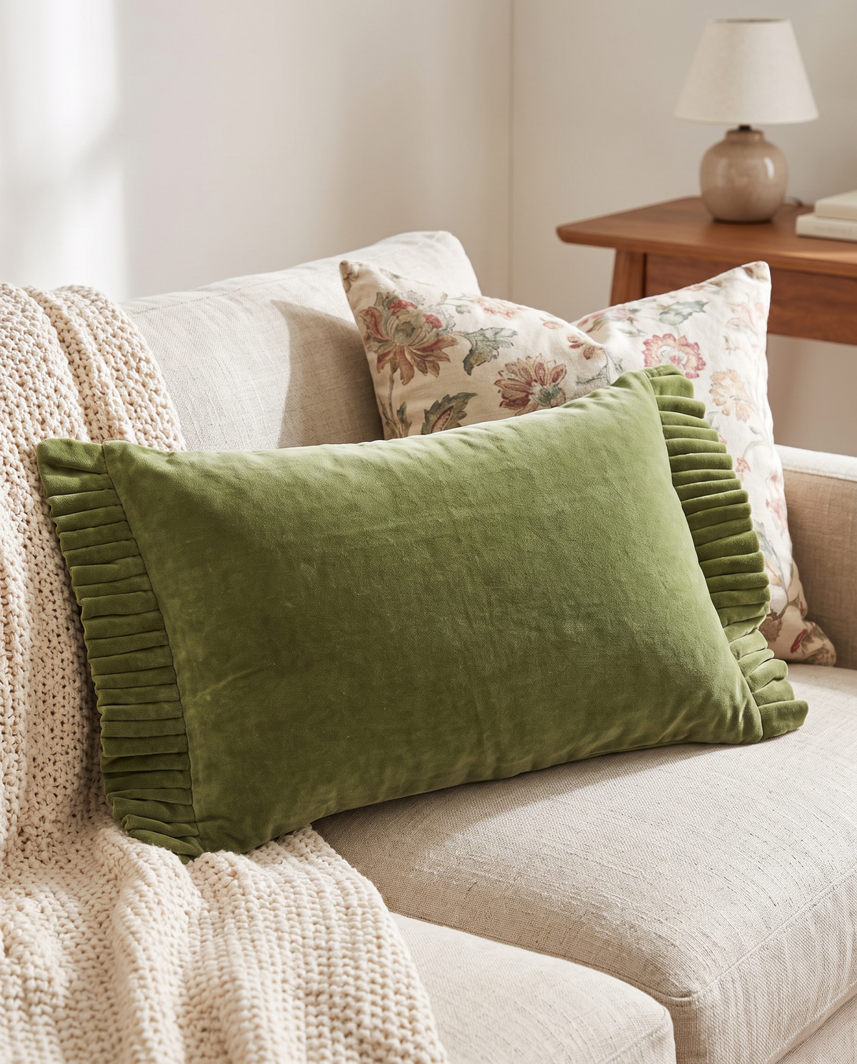 Green Cotton Velvet Lumbar Pillow with Ruffle Trim