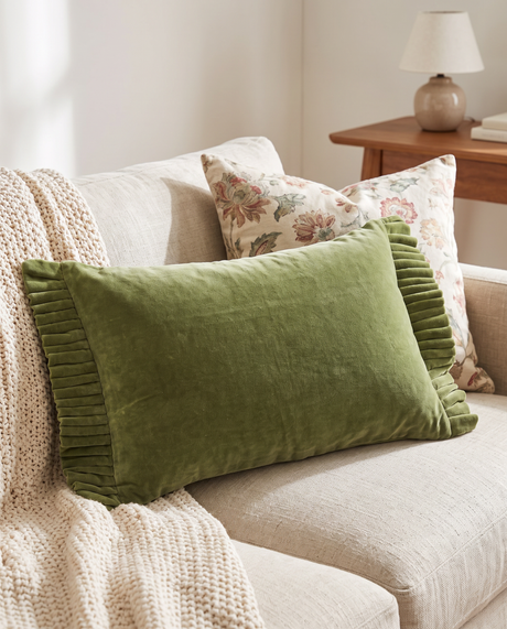 Green Cotton Velvet Lumbar Pillow with Ruffle Trim