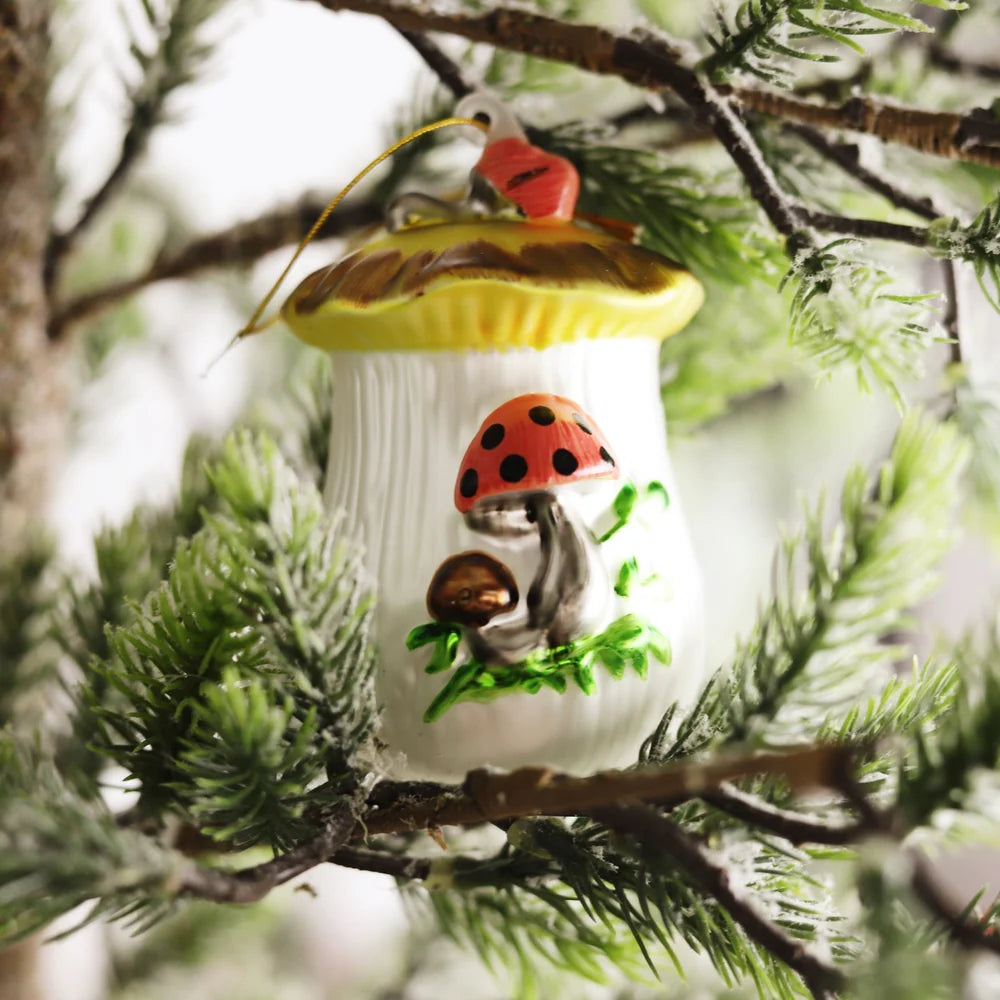 Retro Mushroom Cookie Jar Glass Ornament