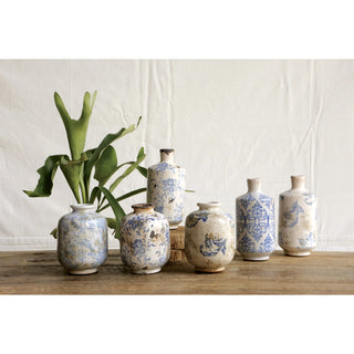 Blue Chinoiserie Distressed Terra-Cotta Vases