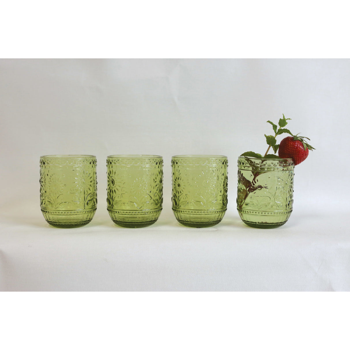 Green Embossed Floral Drinking Glass | 12 oz
