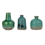 Green & Teal Reactive Glaze Volcano Finish Stoneware Vases