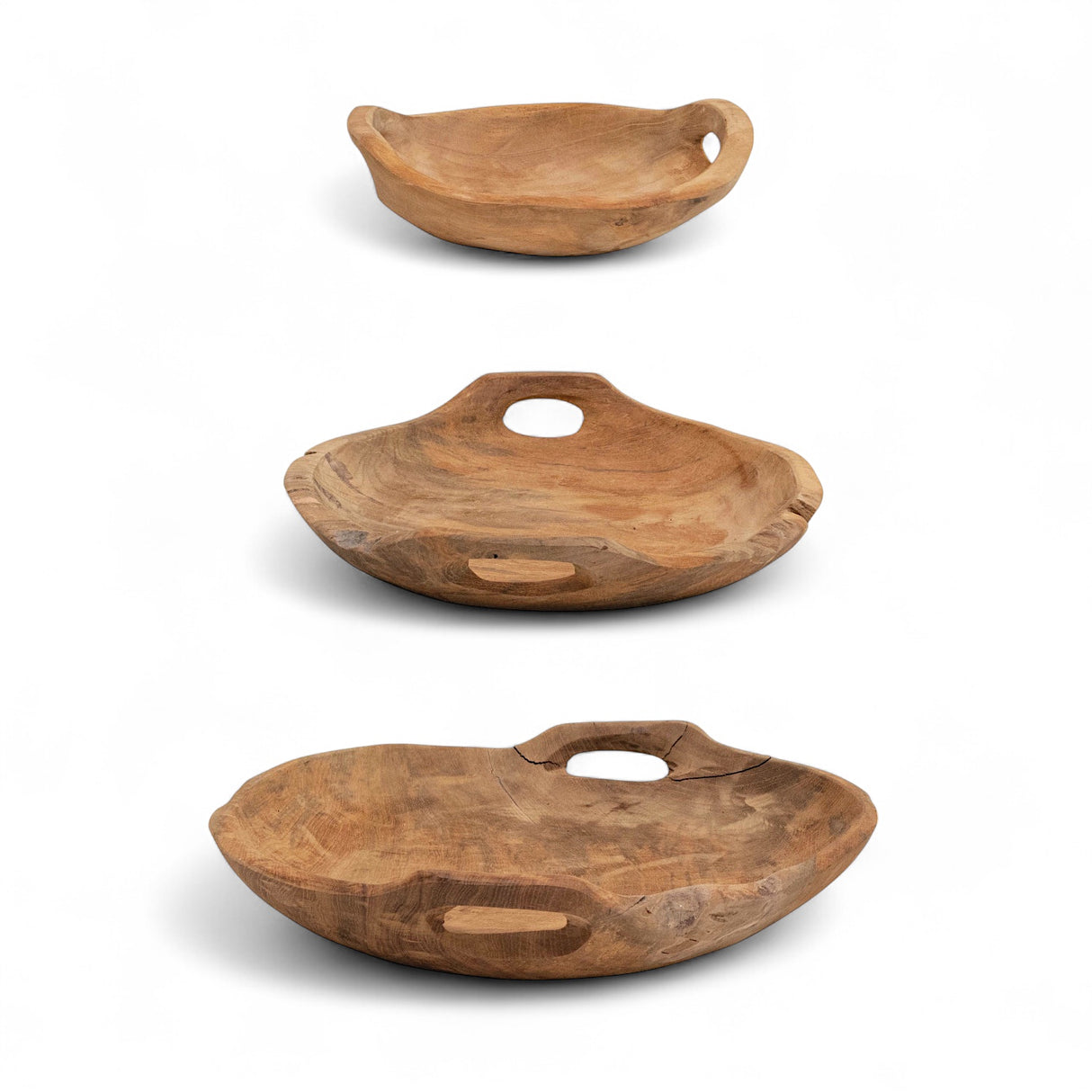 Hand-Carved Natural Teak Wood Bowls with Handles | 3 Sizes