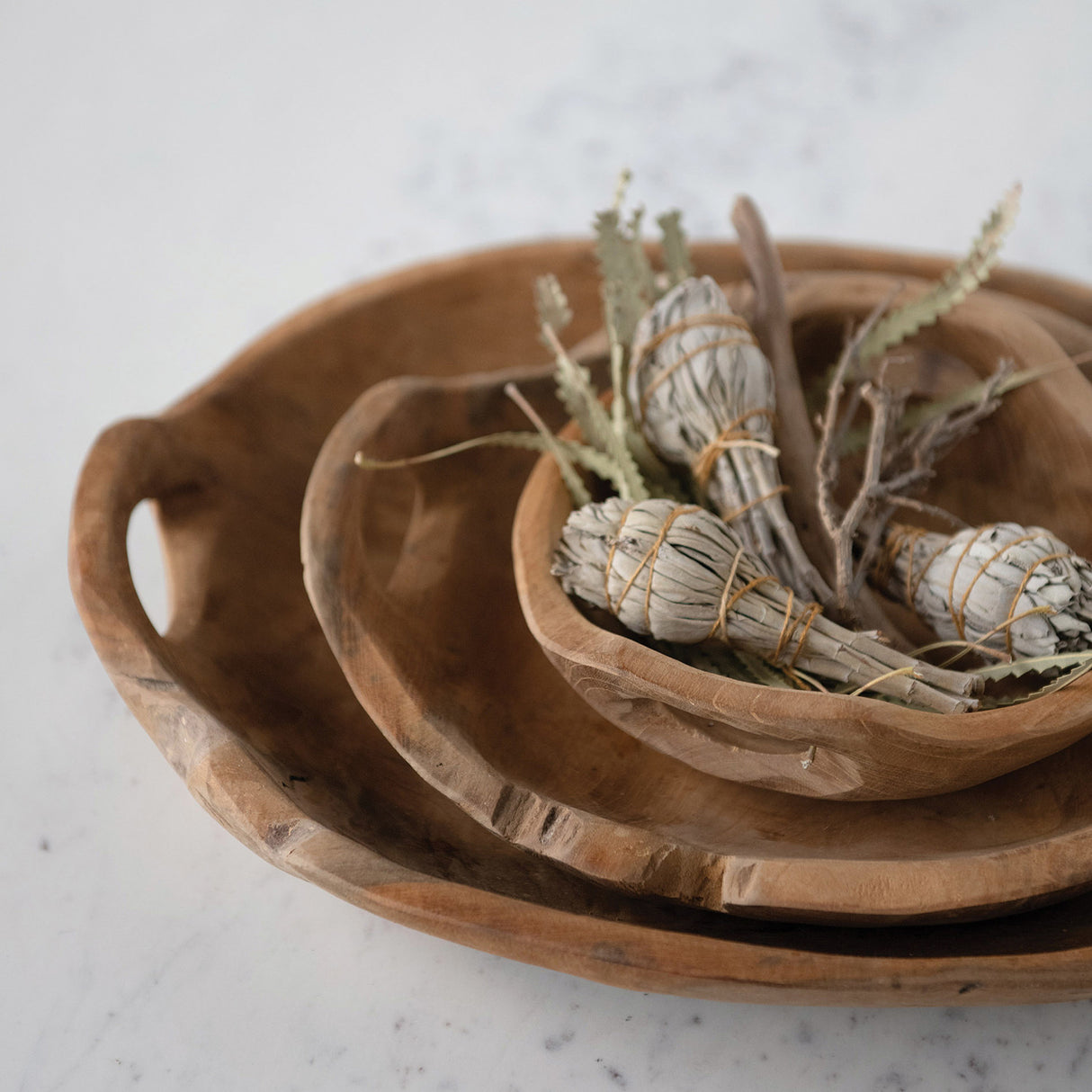 Hand-Carved Natural Teak Wood Bowls with Handles | 3 Sizes