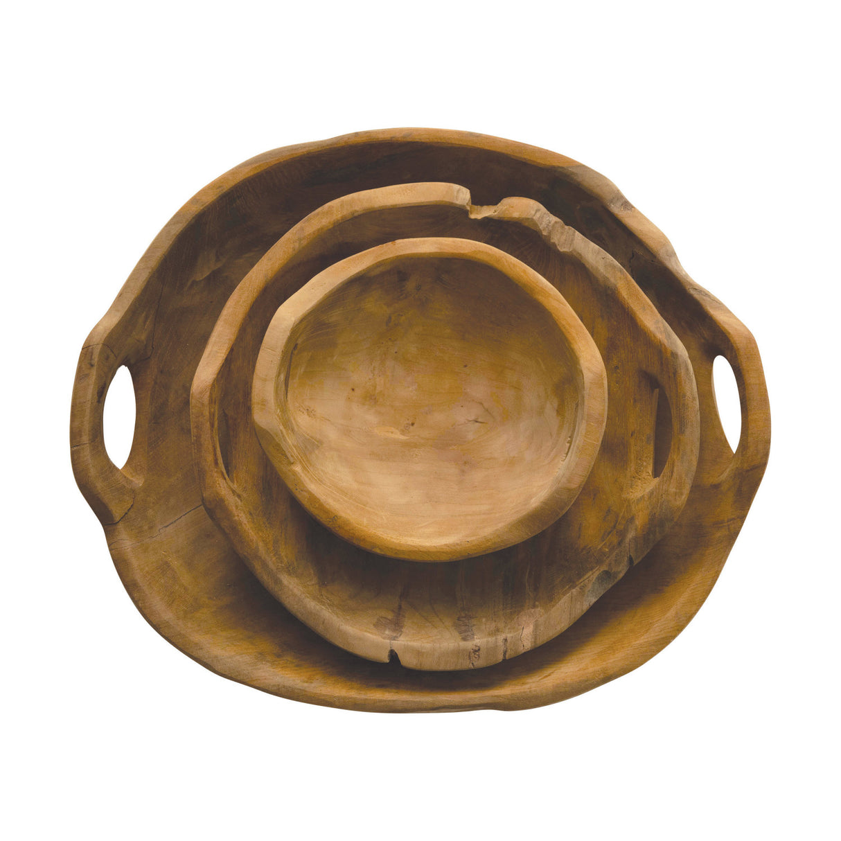 Hand-Carved Natural Teak Wood Bowls with Handles | 3 Sizes