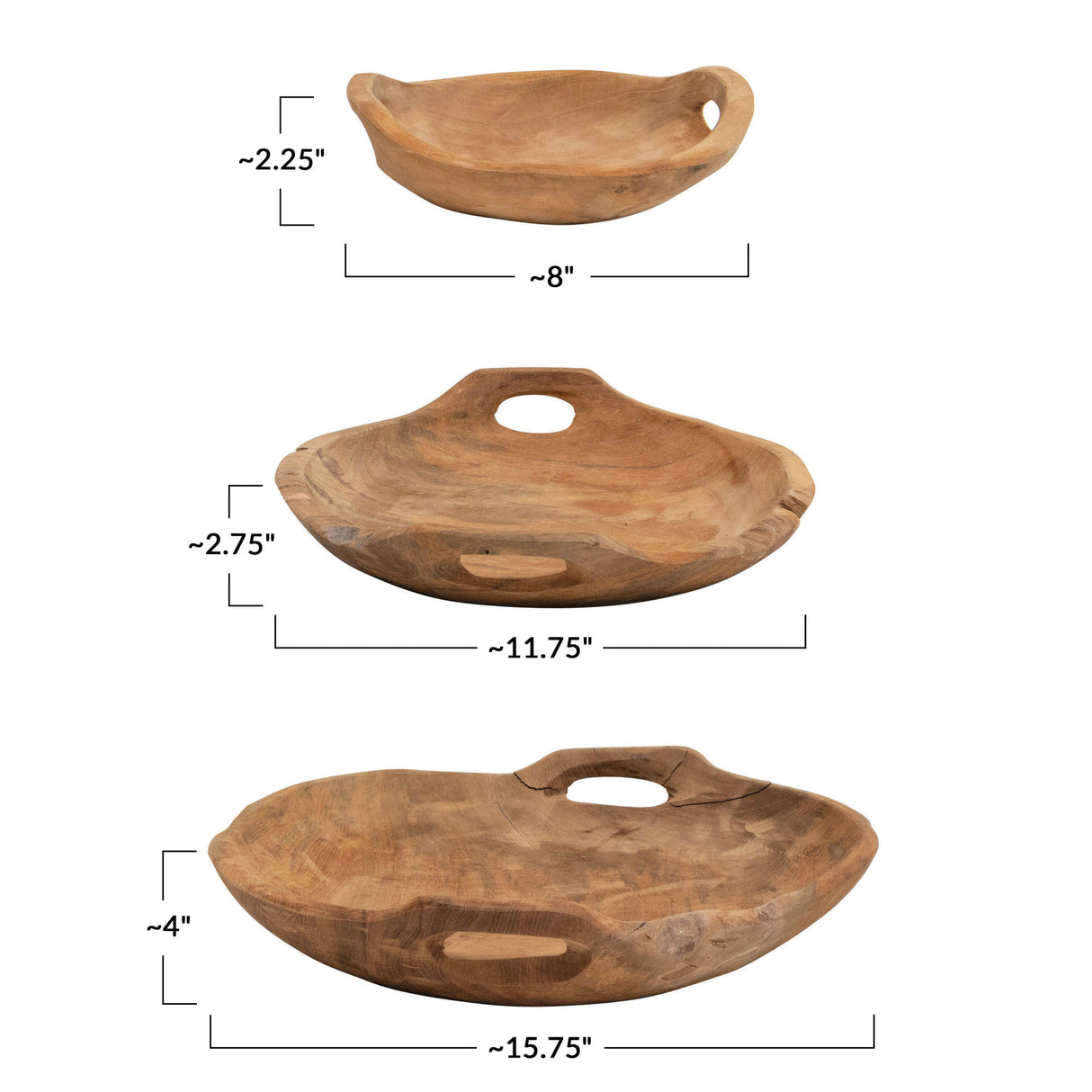 Hand-Carved Natural Teak Wood Bowls with Handles | 3 Sizes