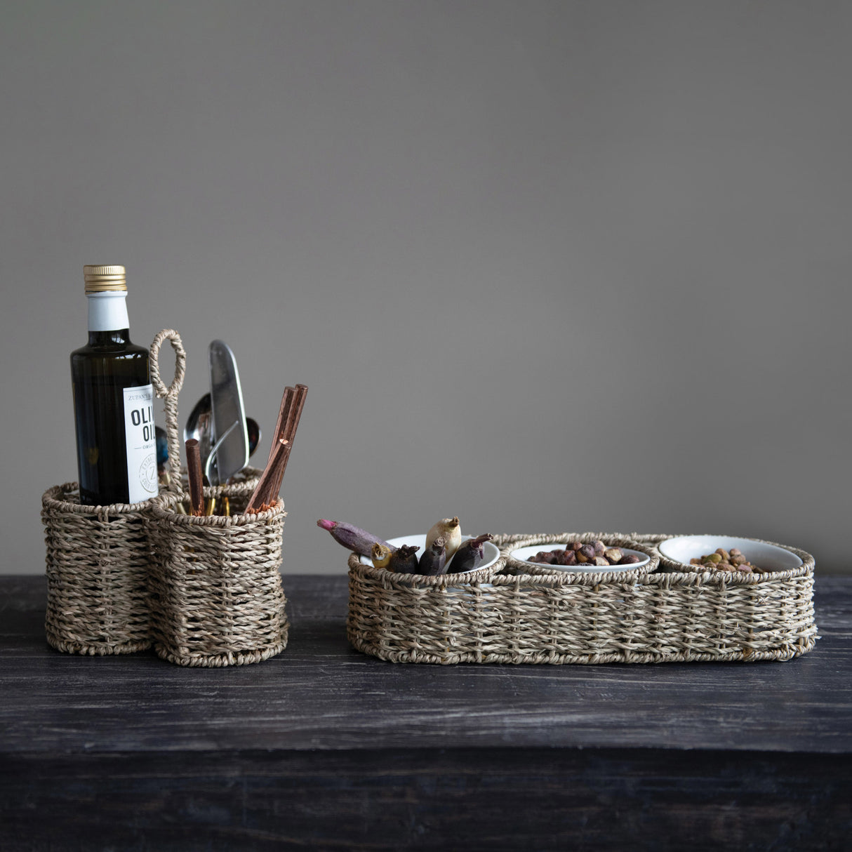 Hand-Woven Seagrass Basket with Ceramic Bowl Set