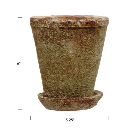 Distressed Terracotta Finish Cement Planter with Saucer