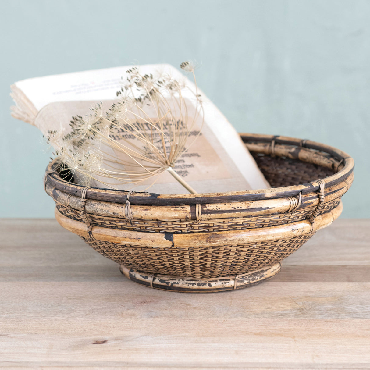 Distressed Hand-Woven Vintage-Inspired Bamboo & Rattan Bowl