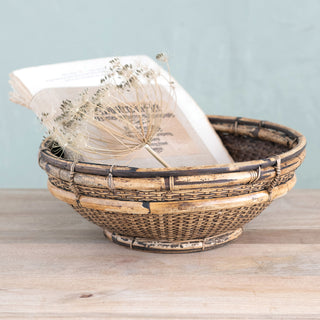 Distressed Hand-Woven Vintage-Inspired Bamboo & Rattan Bowl