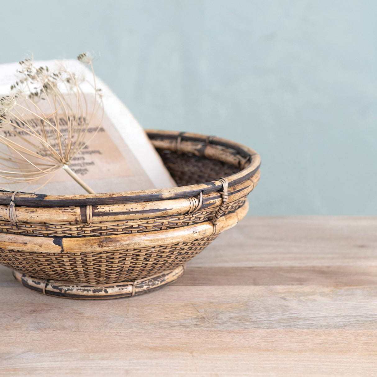 Distressed Hand-Woven Vintage-Inspired Bamboo & Rattan Bowl