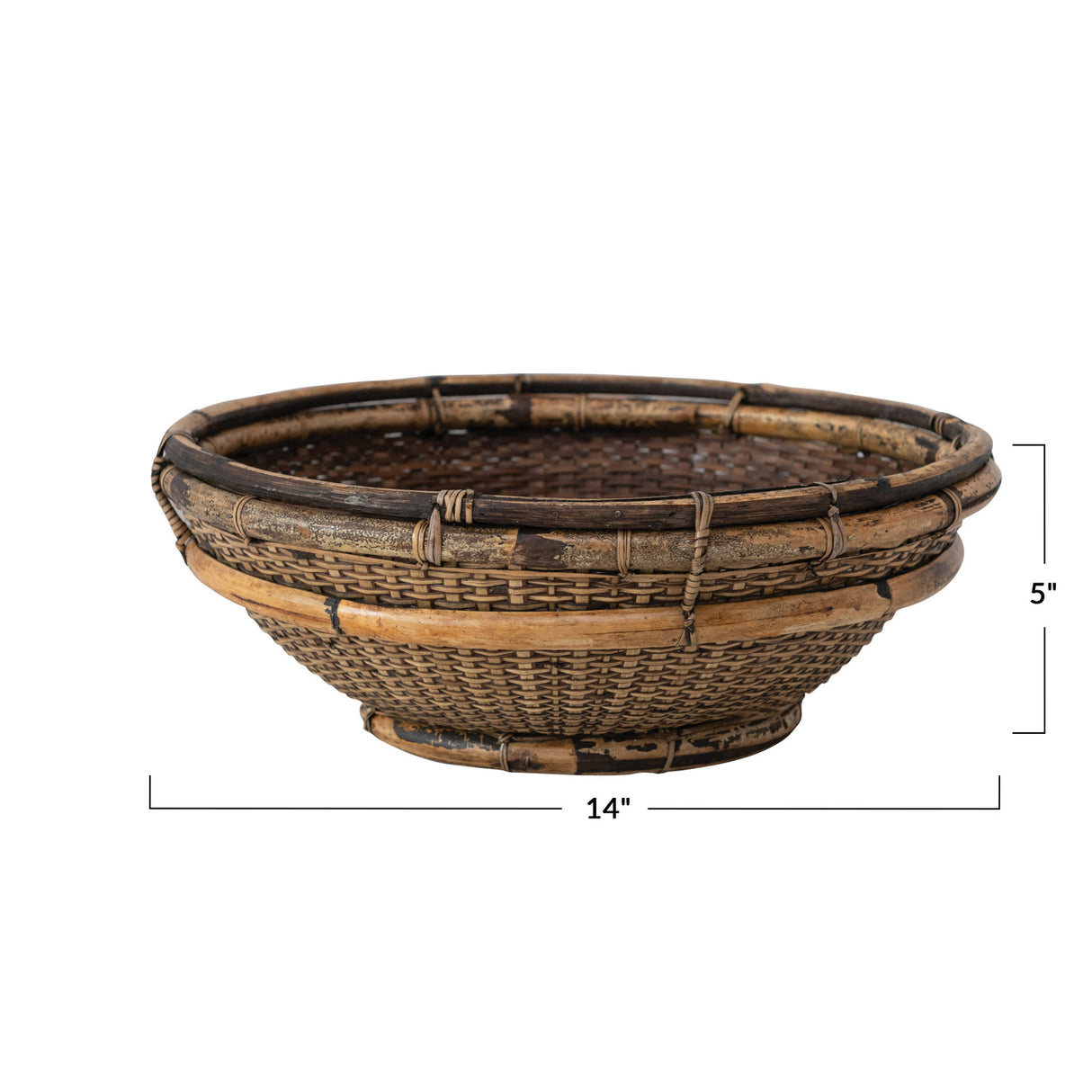 Distressed Hand-Woven Vintage-Inspired Bamboo & Rattan Bowl