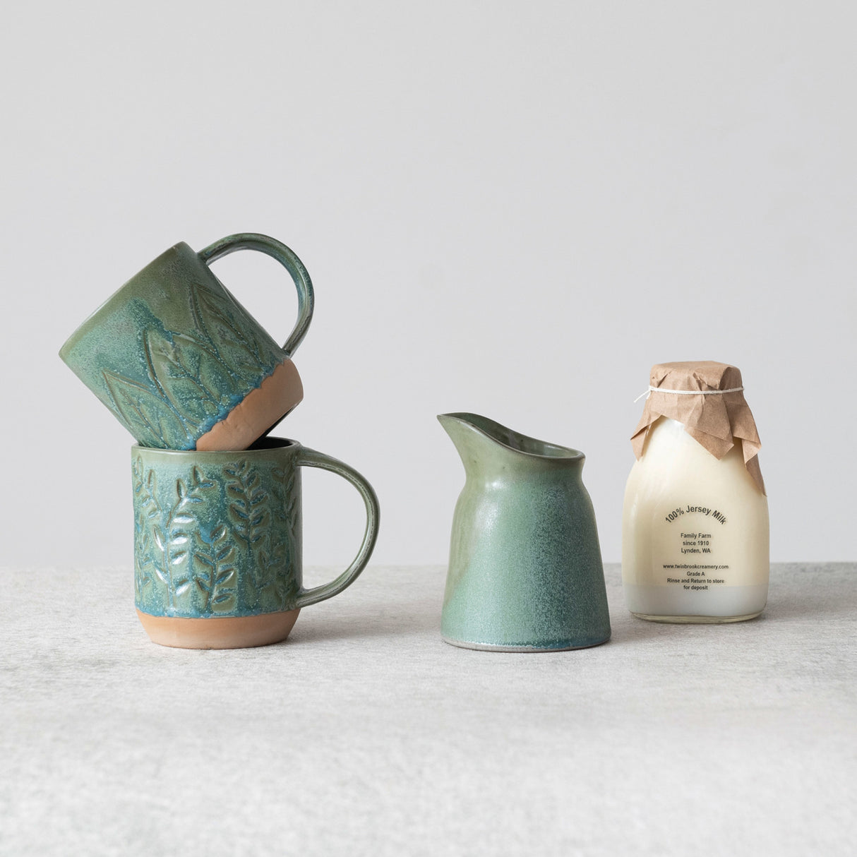 Debossed Botanical Stoneware Mugs