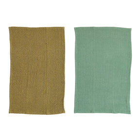 olive and teal colored dobby tea towels by creative co-op