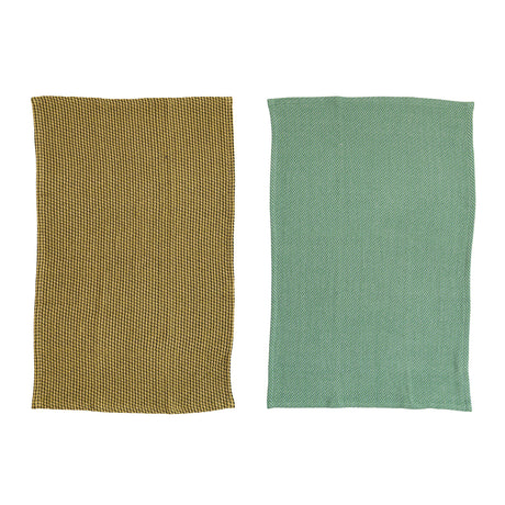 olive and teal colored dobby tea towels by creative co-op