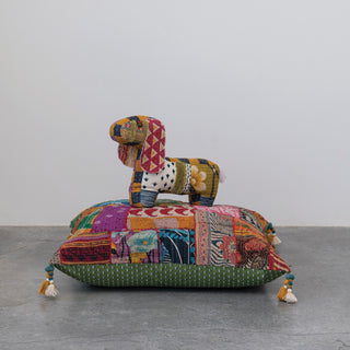 Cotton Kantha Patchwork Dog Shaped Pillow with Tufting