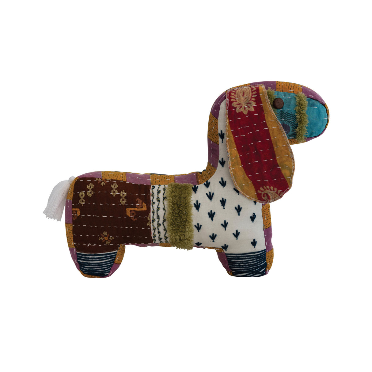 Cotton Kantha Patchwork Dog Shaped Pillow with Tufting