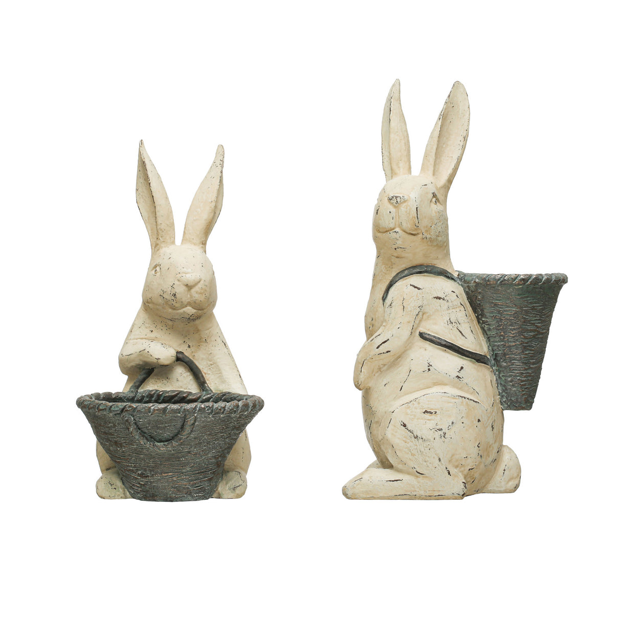 Distressed White Resin Rabbit with Basket