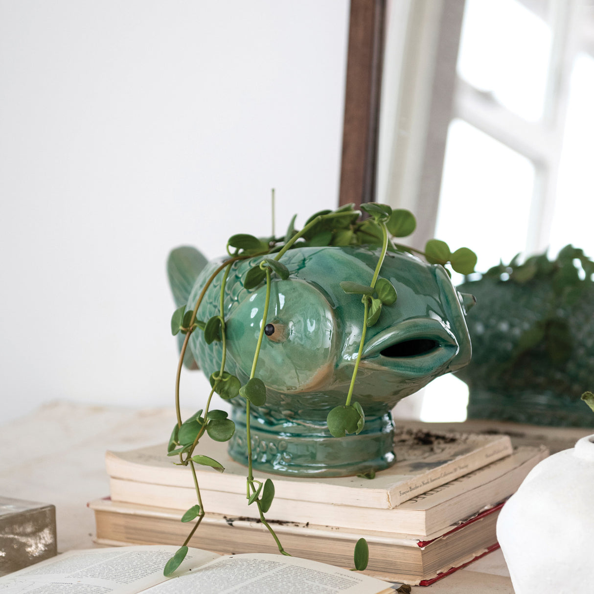 Turquoise Debossed Ceramic Fish Planter