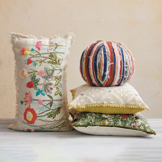 Embroidered Flower Cotton Lumbar Pillow with Fringe