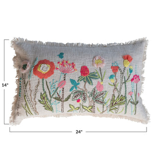 Embroidered Flower Cotton Lumbar Pillow with Fringe