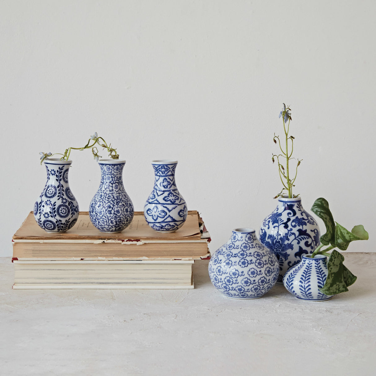 Blue Chinoiserie Hand-Stamped Floral Stoneware Vases | 3 Sizes