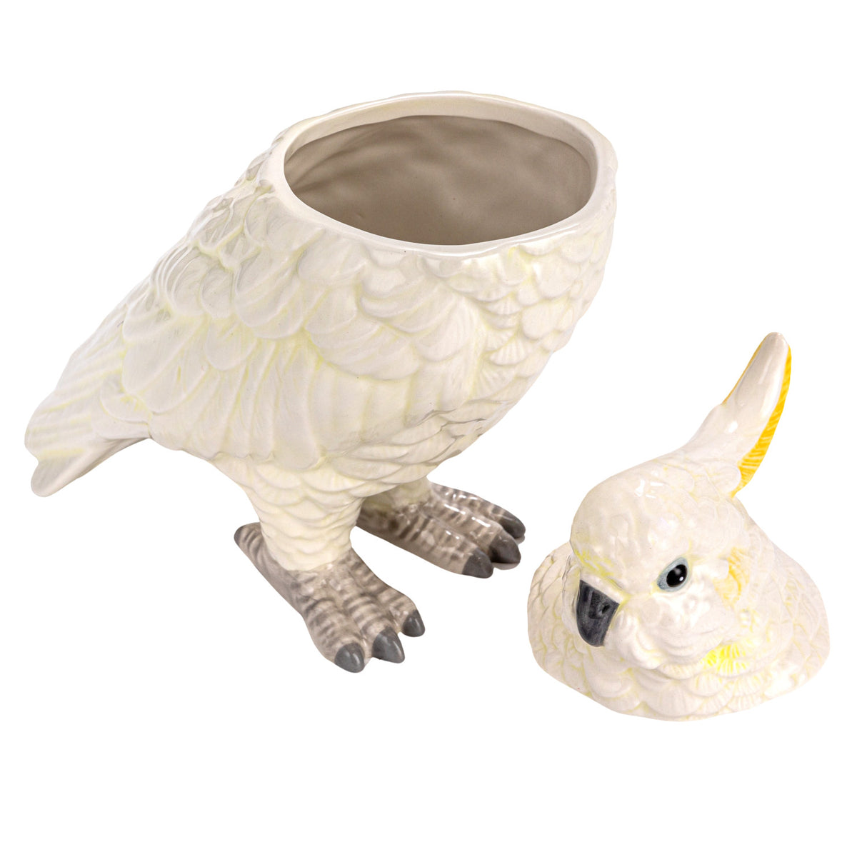 Ceramic White & Yellow Cockatoo Bird Shaped Cookie Jar with Lid