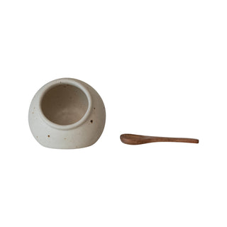 Stoneware Cream Salt Cellar with Mango Wood Spoon