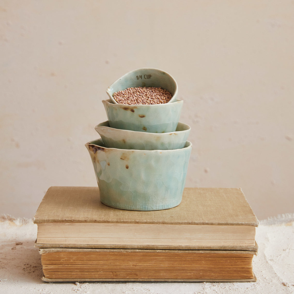 Teal Crackle Glaze Ceramic Measuring Cups | Set of 4