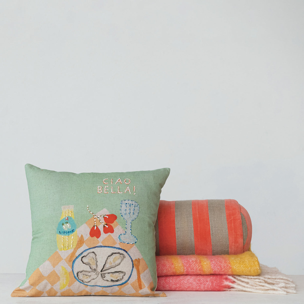 Pink & Yellow Striped Wool Blend Throw Blanket with Fringe