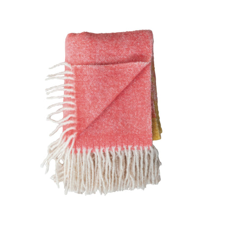 Pink & Yellow Striped Wool Blend Throw Blanket with Fringe