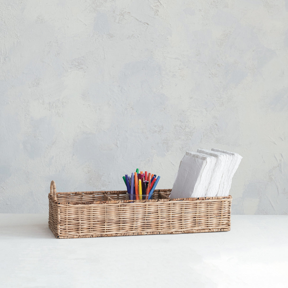 Hand-Woven Rattan Basket with 3 Sections & Handles