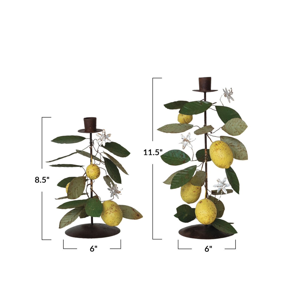 Vintage-Inspired Metal Toleware Taper Candle Holder with Lemons & Leaves