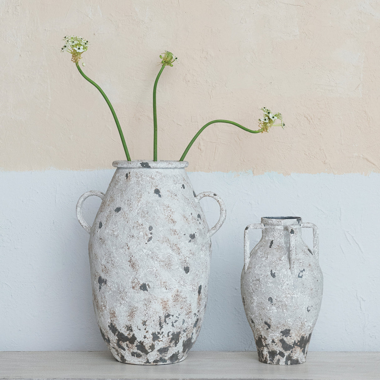 White Distressed Metal Urn with Handles