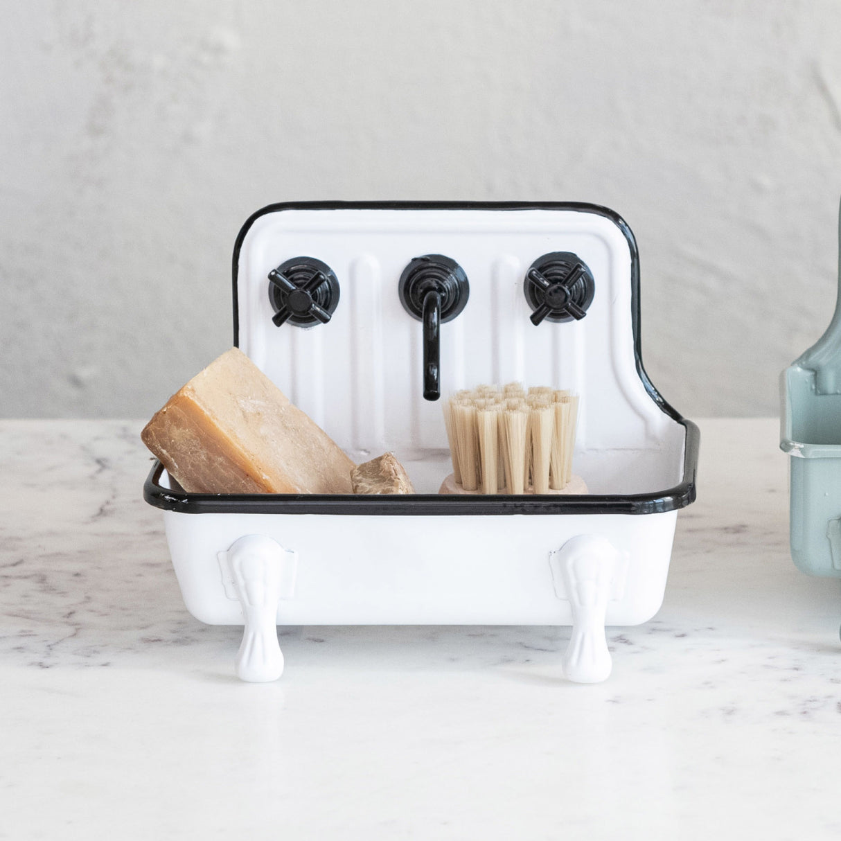 Black & White Enamel Finish Metal Sink Soap Dish with Faucet | Vintage Farmhouse Style