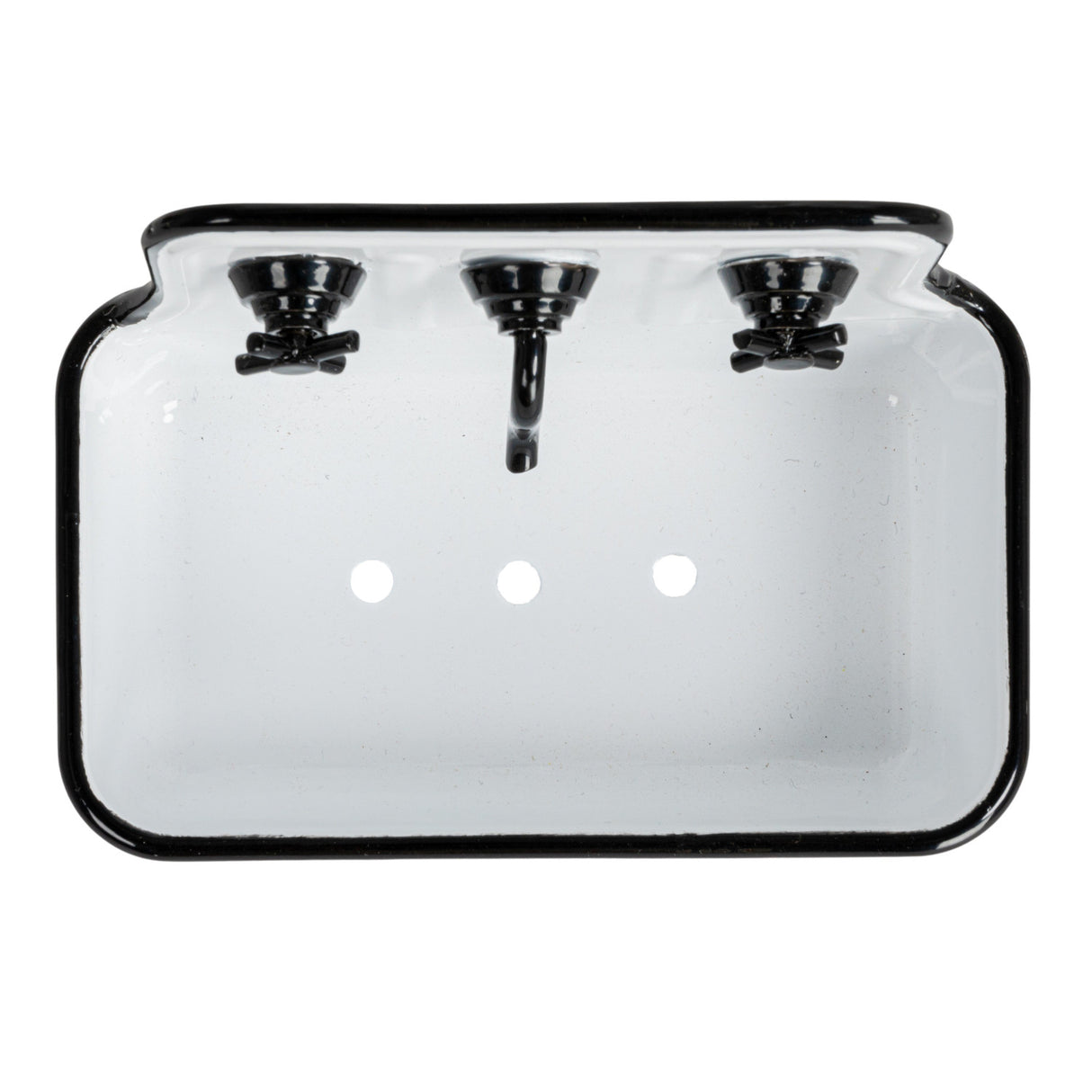 Black & White Enamel Finish Metal Sink Soap Dish with Faucet | Vintage Farmhouse Style