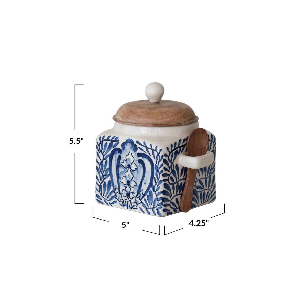 Hand-Painted Blue & Cream Stoneware Canister with Acacia Lid & Spoon