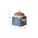 Hand-Painted Blue & Cream Stoneware Canister with Acacia Lid & Spoon