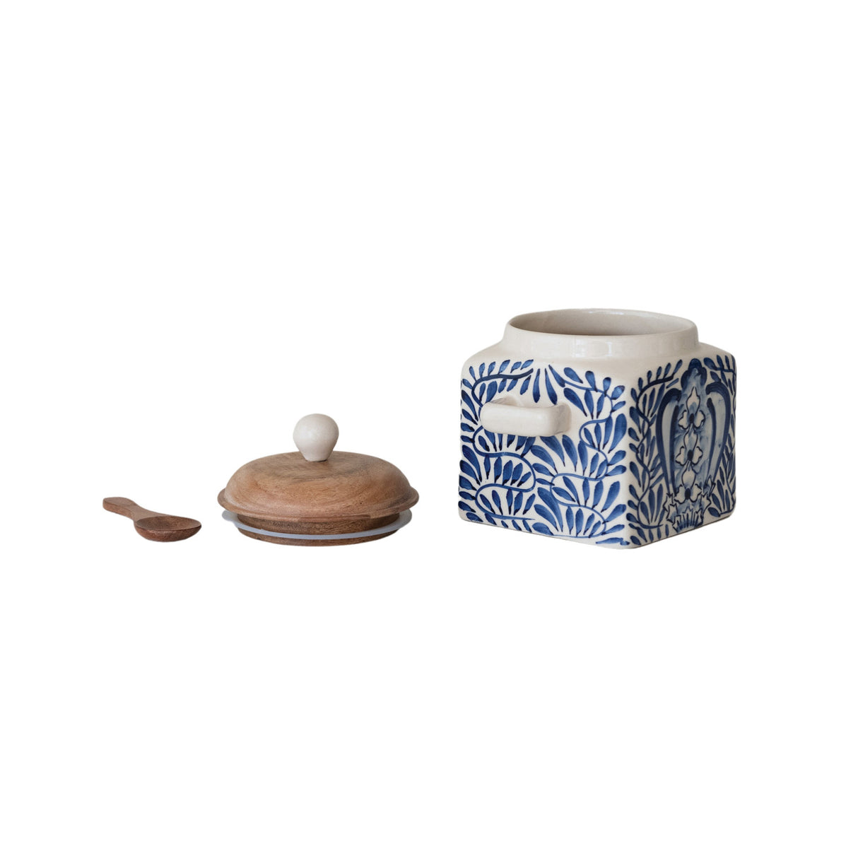 Hand-Painted Blue & Cream Stoneware Canister with Acacia Lid & Spoon