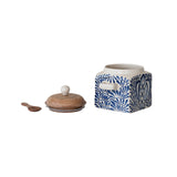 Hand-Painted Blue & Cream Stoneware Canister with Acacia Lid & Spoon