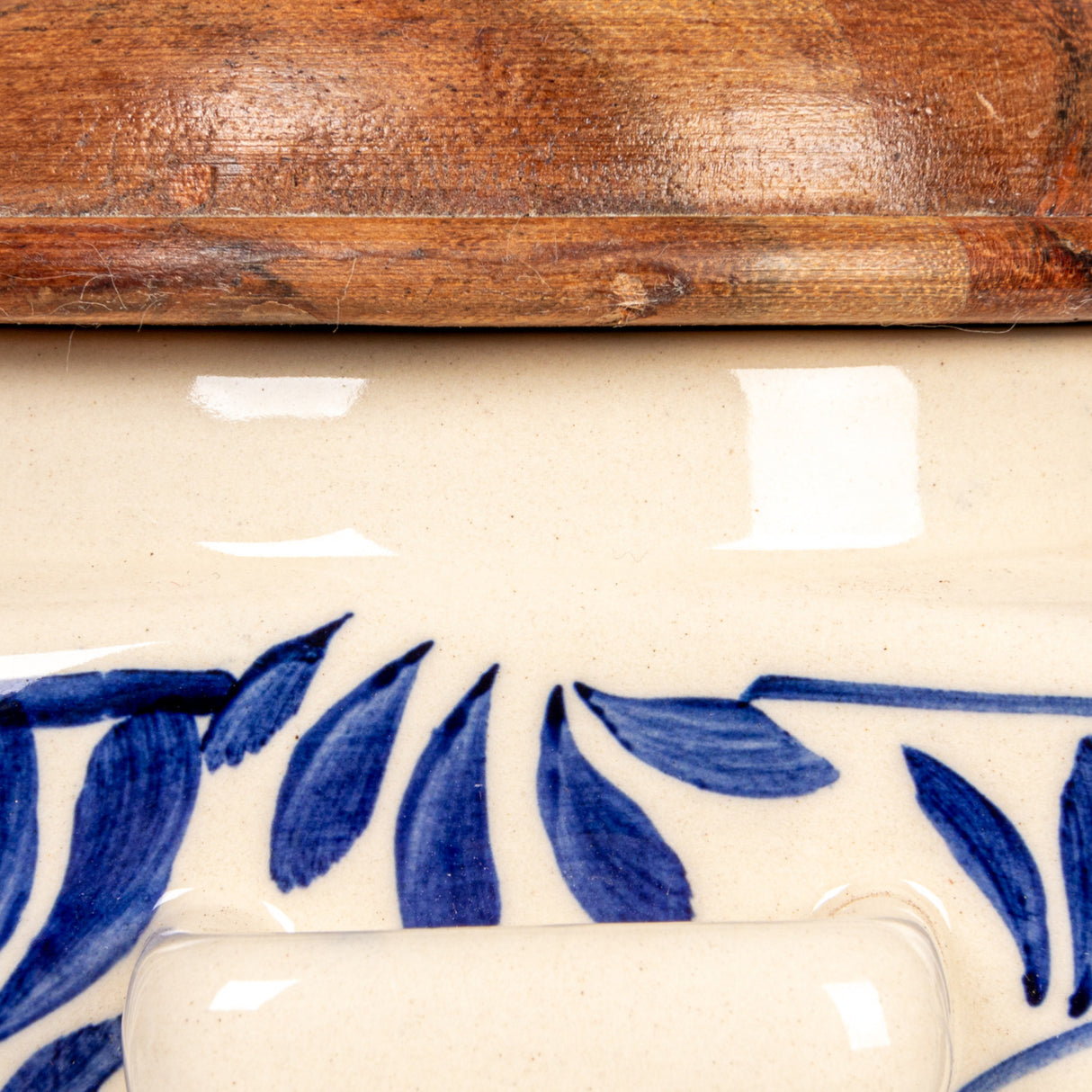 Hand-Painted Blue & Cream Stoneware Canister with Acacia Lid & Spoon
