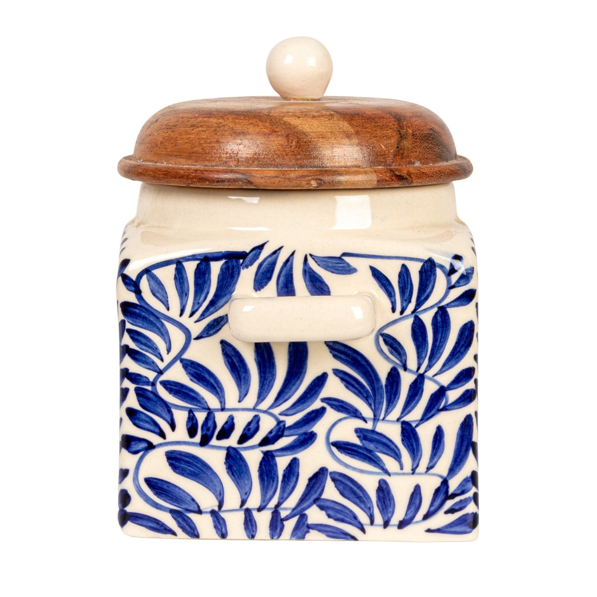 Hand-Painted Blue & Cream Stoneware Canister with Acacia Lid & Spoon